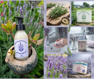 Handmade botanical soap hamper 4 piece set with rosemary lavender soap bars and liquid soap